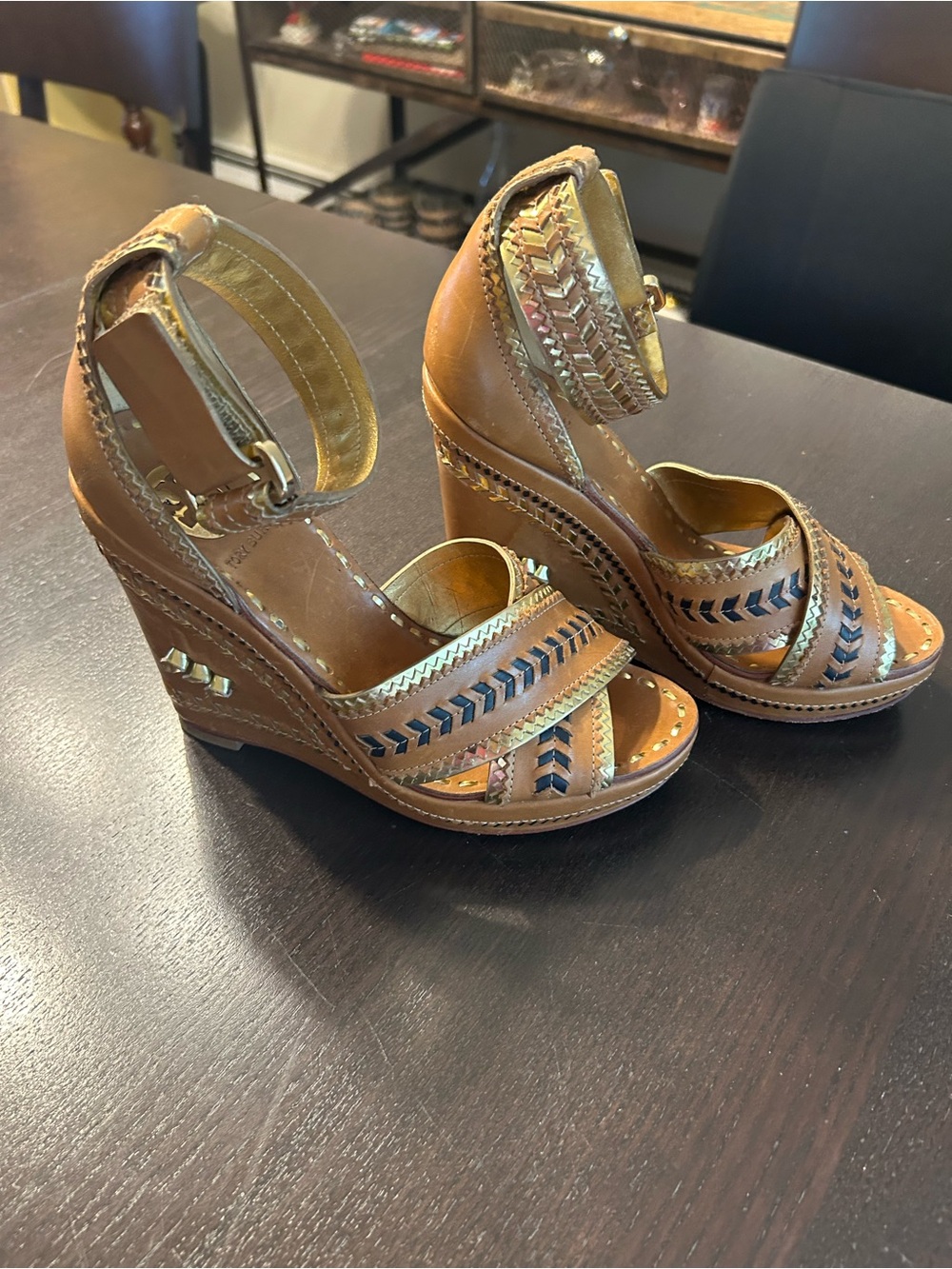Tory Burch Tan Brown Wedge Sandals with Ankle Strap